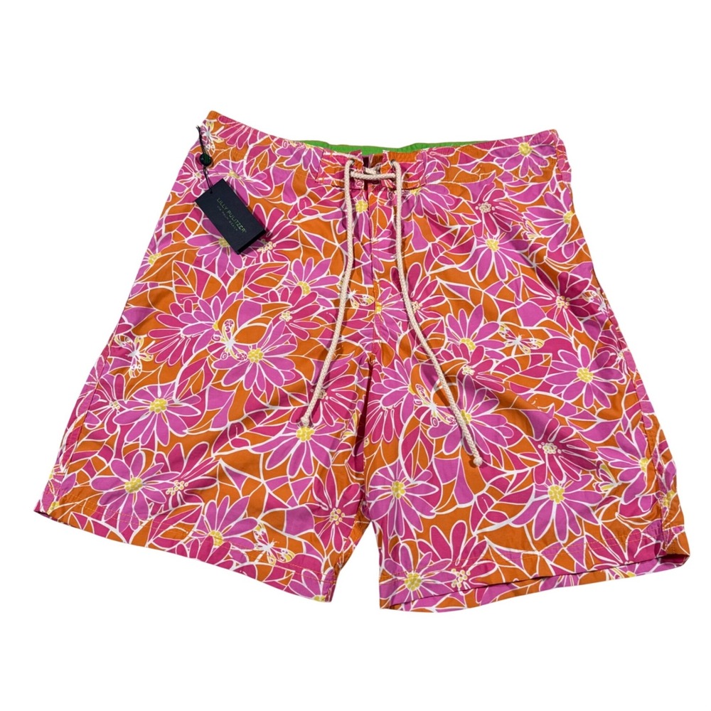 Lilly Pulitzer Longboard Trunk Mens 36 Orange Pink Floral Swim Board Shorts NEW